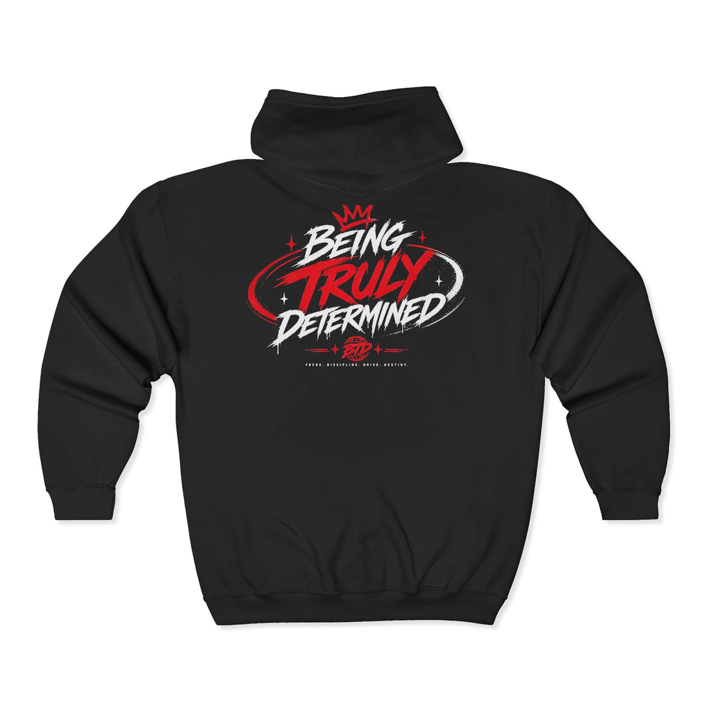 Zip Hoodie - "Being Truly Determined" Bold Streetwear Black Full-Zip Hoodie